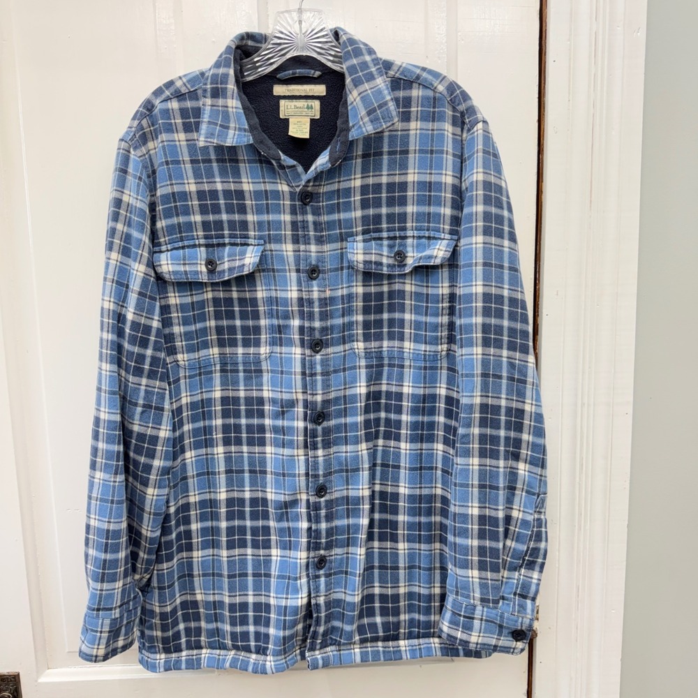 LL Bean Traditional Fit Mens Medium Fleece Lined Flannel Shacket Jacket Plaid
